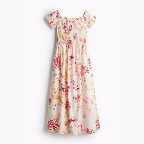 H&M Dresses & Skirts - H&M Cream Floral Dress Size Medium Smocked Off-Shoulder Short Sleeve Midi
